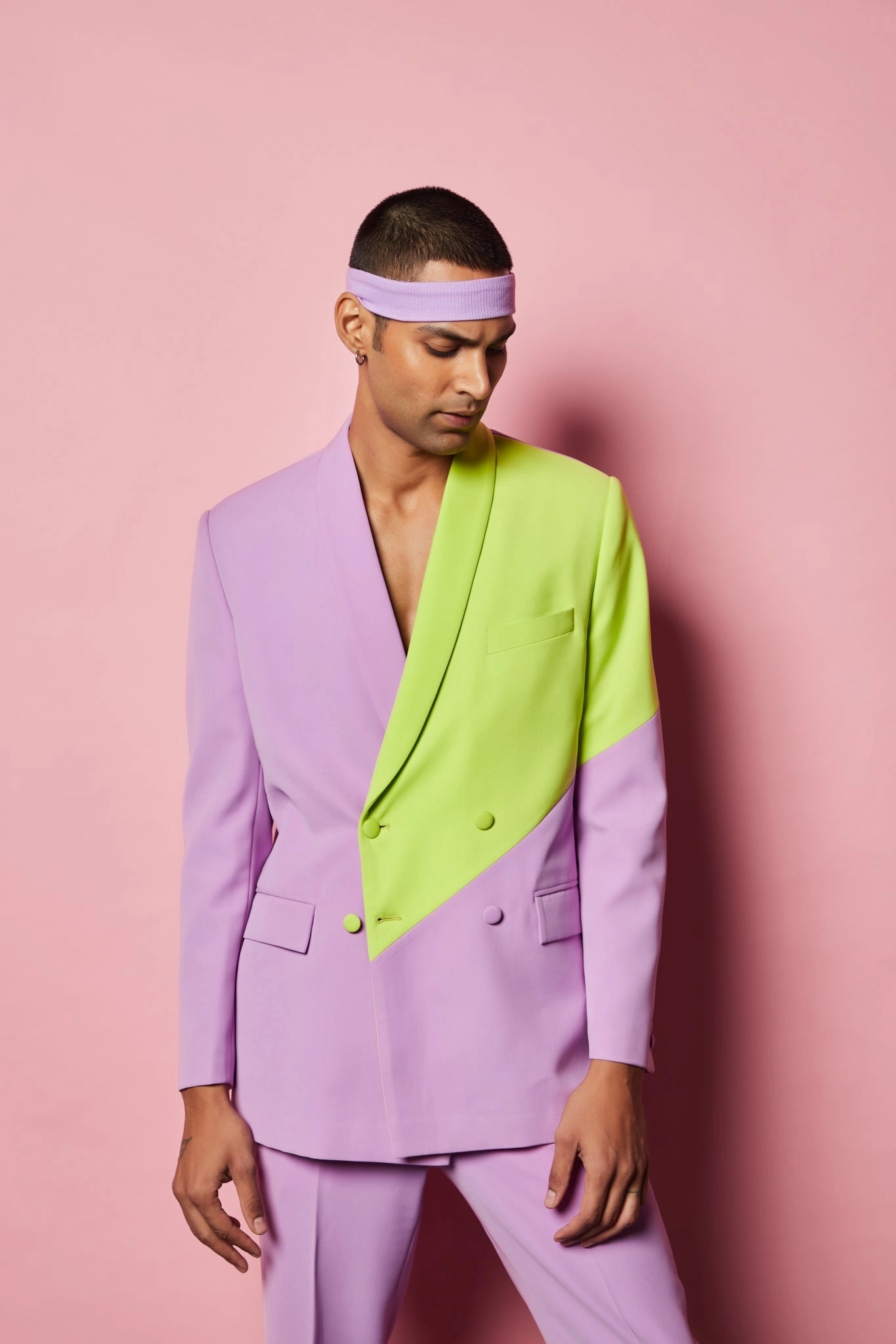 Vicky Kaushal in our Lilac and Lime Green Colour Block Blazer and Lilac Straight Fit Pants from Magical Wilderness Collection