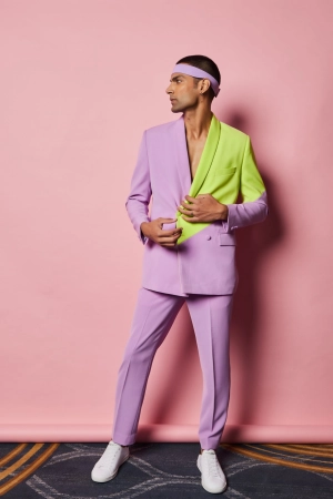 Vicky Kaushal in our Lilac and Lime Green Colour Block Blazer and Lilac Straight Fit Pants from Magical Wilderness Collection
