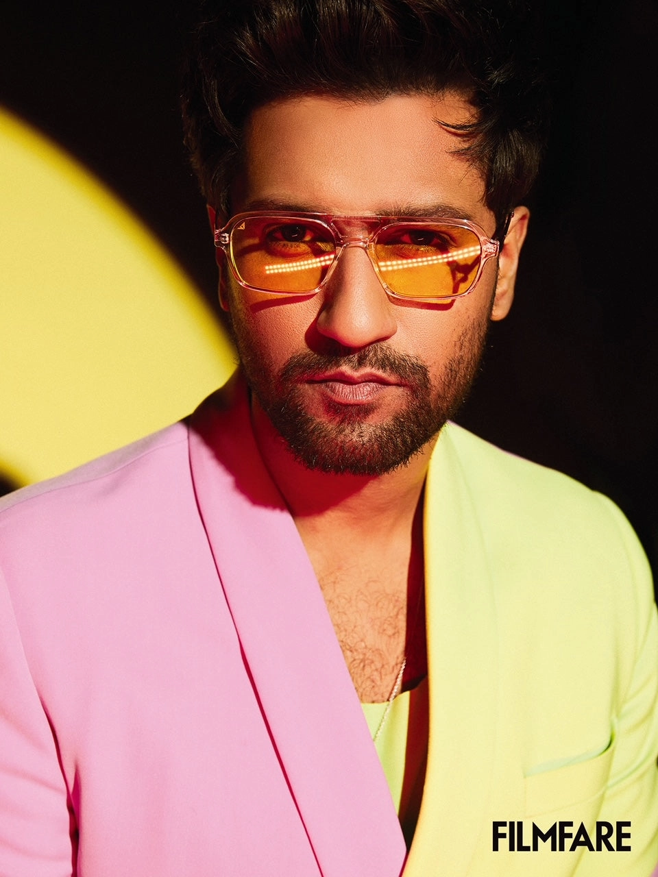Vicky Kaushal in our Lilac and Lime Green Colour Block Blazer and Lilac Straight Fit Pants from Magical Wilderness Collection