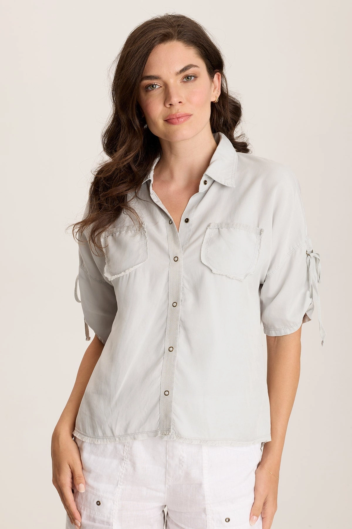 Vinton Twill Jersey Button-Up Collared Top