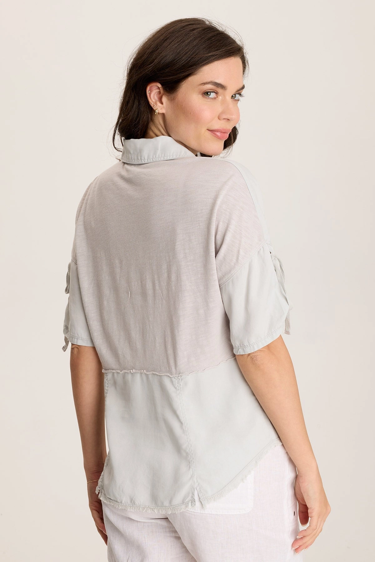 Vinton Twill Jersey Button-Up Collared Top