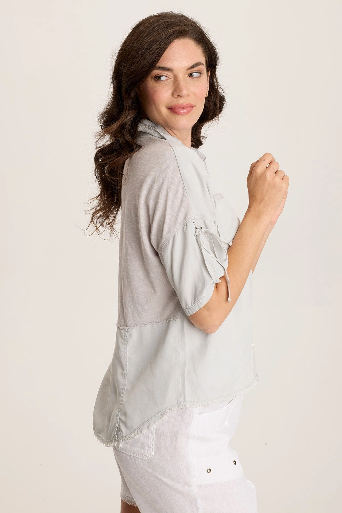 Vinton Twill Jersey Button-Up Collared Top